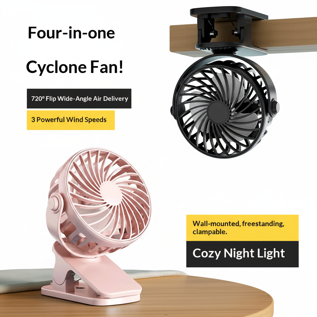 720° Rechargeable Clip-On Desk Fan with LED Night Light | Portable USB Cooling Fan