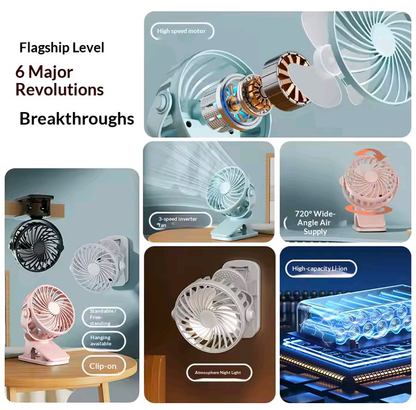720° Rechargeable Clip-On Desk Fan with LED Night Light | Portable USB Cooling Fan