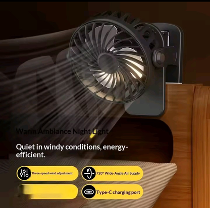 720° Rechargeable Clip-On Desk Fan with LED Night Light | Portable USB Cooling Fan