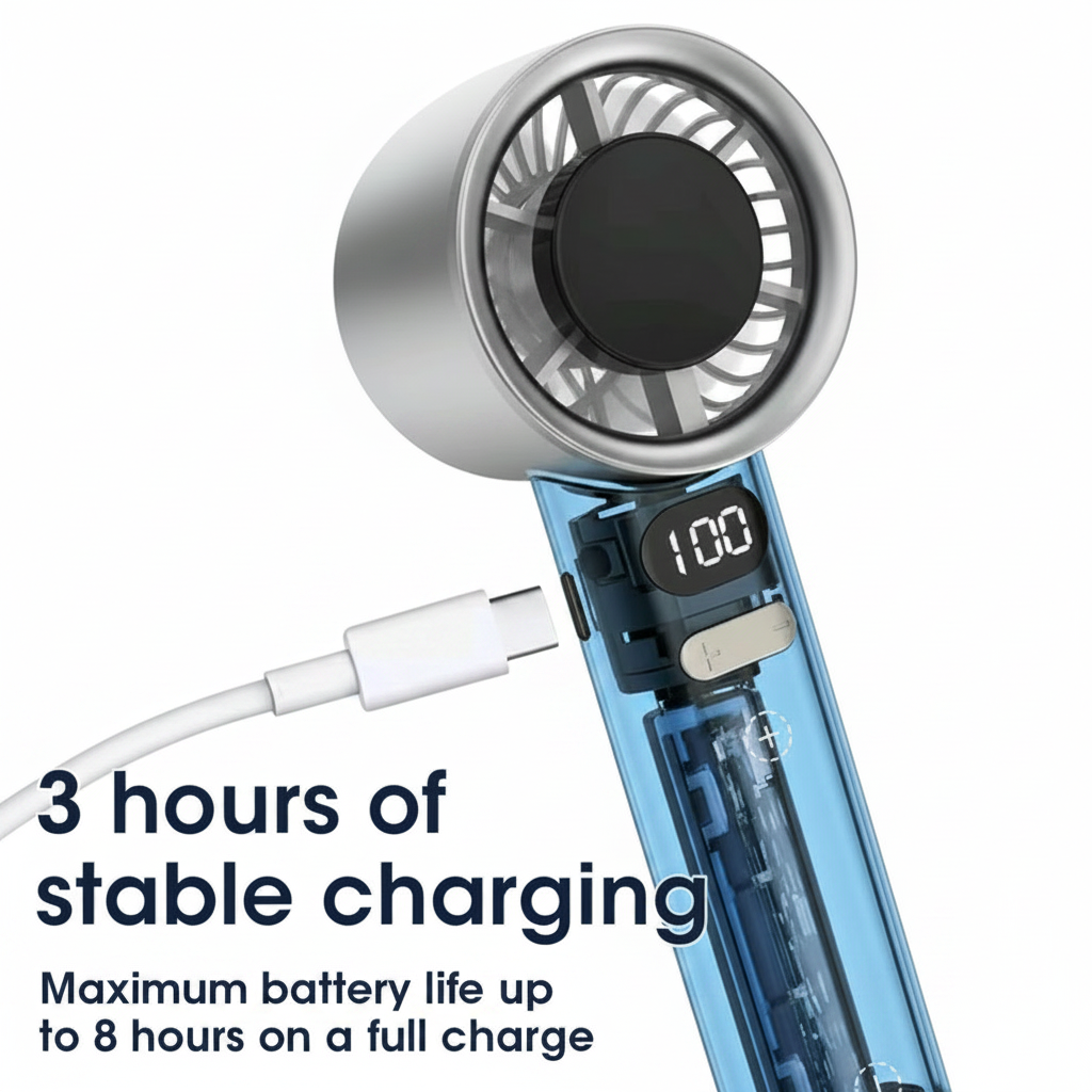 Portable Mini Handheld Fan – USB Rechargeable Personal Cooling Fan with 4 Speed Settings & LED Power Display